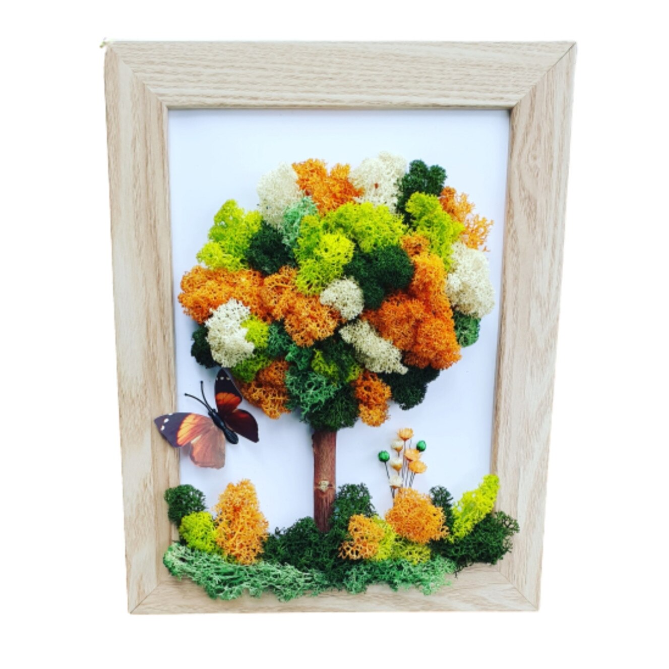Tablou copac decorat cu licheni naturali stabilizati, cu fluture, multicolor, 20x25cm